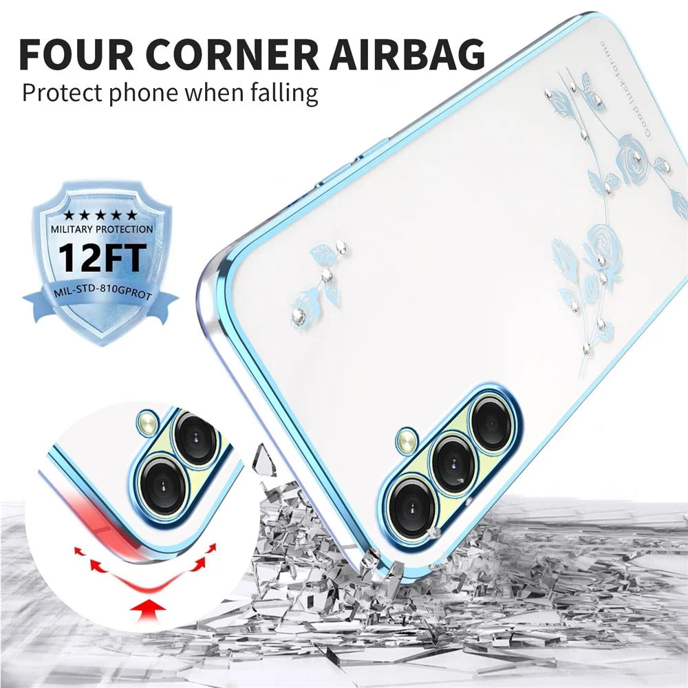 KADEM For Samsung Galaxy S25 FE Case Flower Rhinestone Decor TPU Phone Cover - Blue - 3