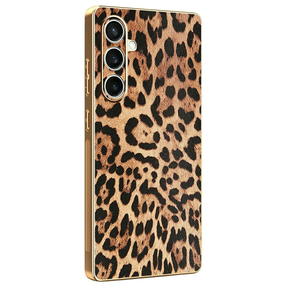 For Samsung Galaxy S25 FE Case Leopard Print PU Leather Coated PC + TPU Electroplating Phone Cover - 1