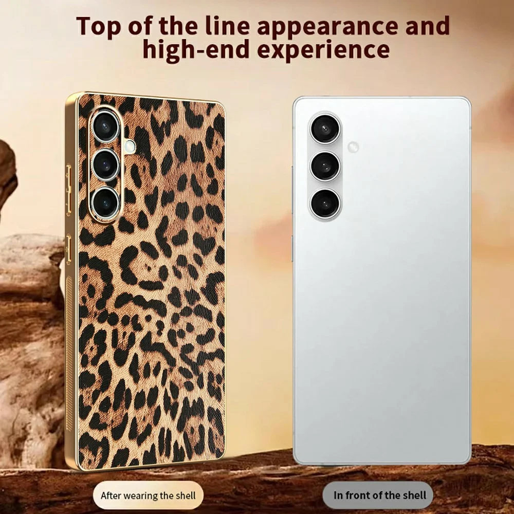 For Samsung Galaxy S25 FE Case Leopard Print PU Leather Coated PC + TPU Electroplating Phone Cover - 3
