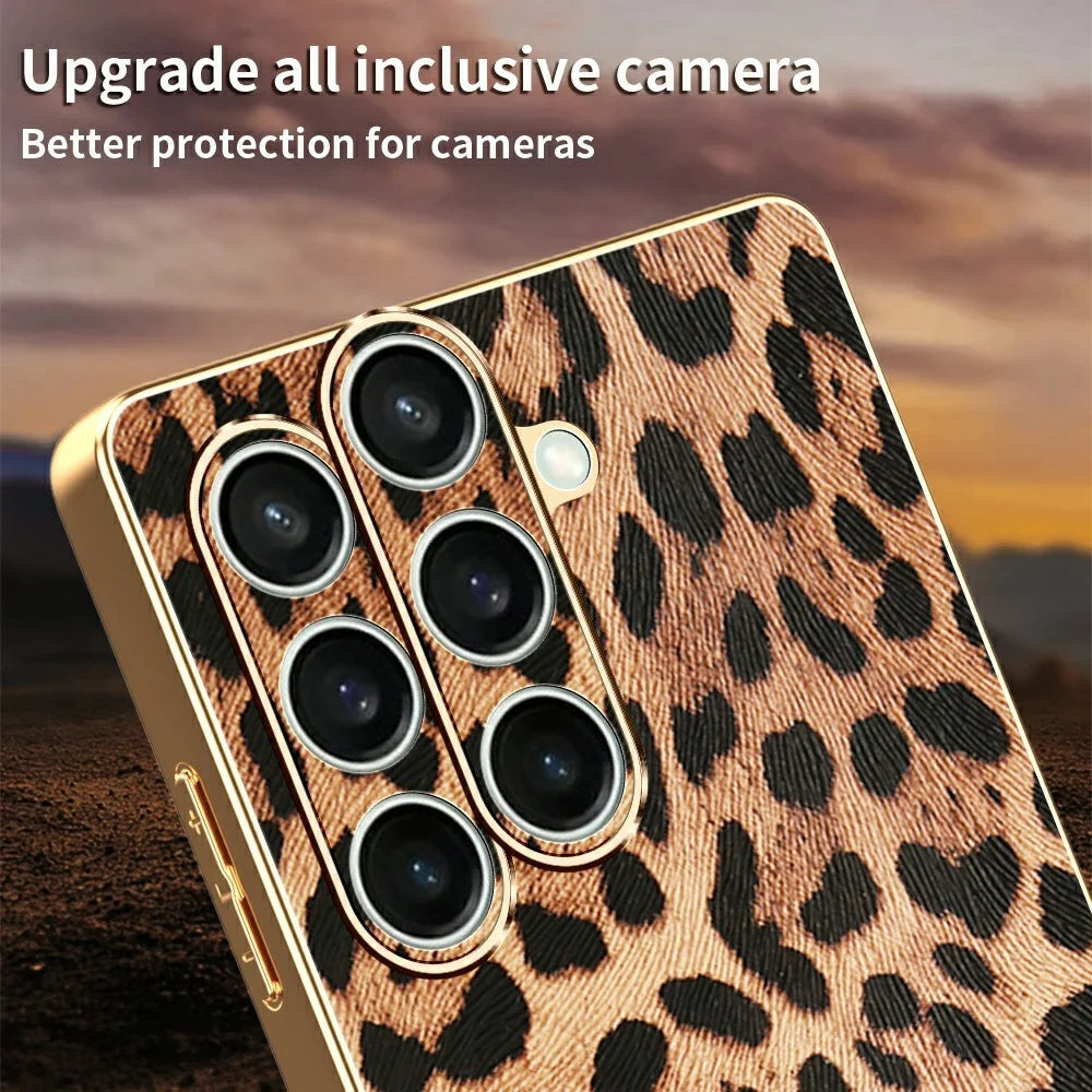 For Samsung Galaxy S25 FE Case Leopard Print PU Leather Coated PC + TPU Electroplating Phone Cover - 4