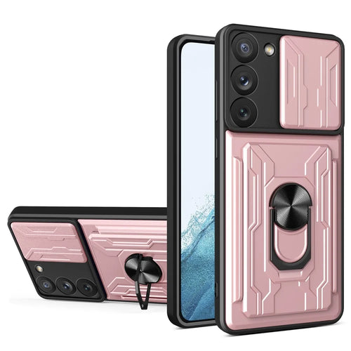 For Samsung Galaxy S23 Card Holder Magnetic Ring Kickstand Phone Case PC + TPU Hybrid Phone Protector with Slide Camera Cover - Rose Gold - 1