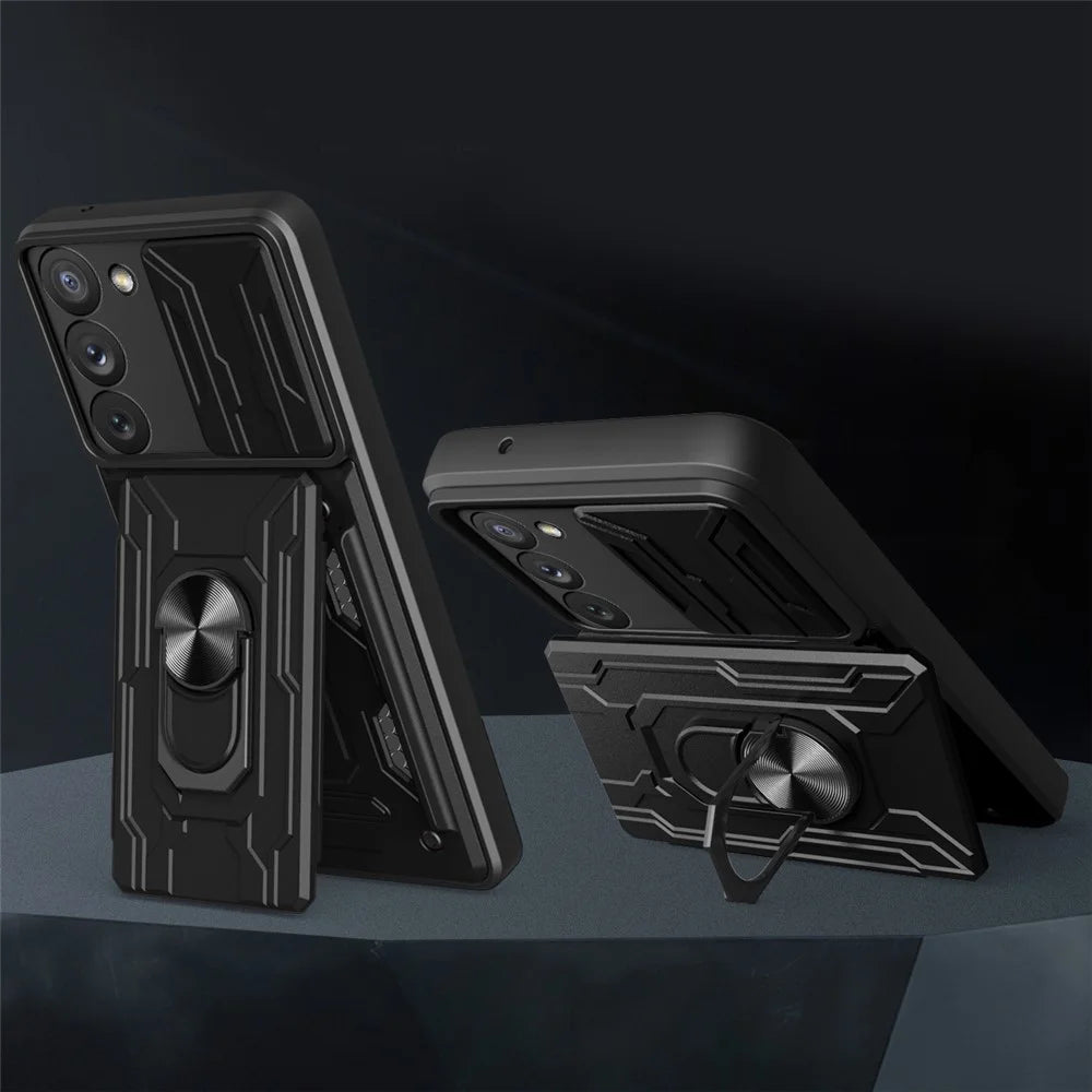 For Samsung Galaxy S23 Card Holder Magnetic Ring Kickstand Phone Case PC + TPU Hybrid Phone Protector with Slide Camera Cover - Rose Gold - 3