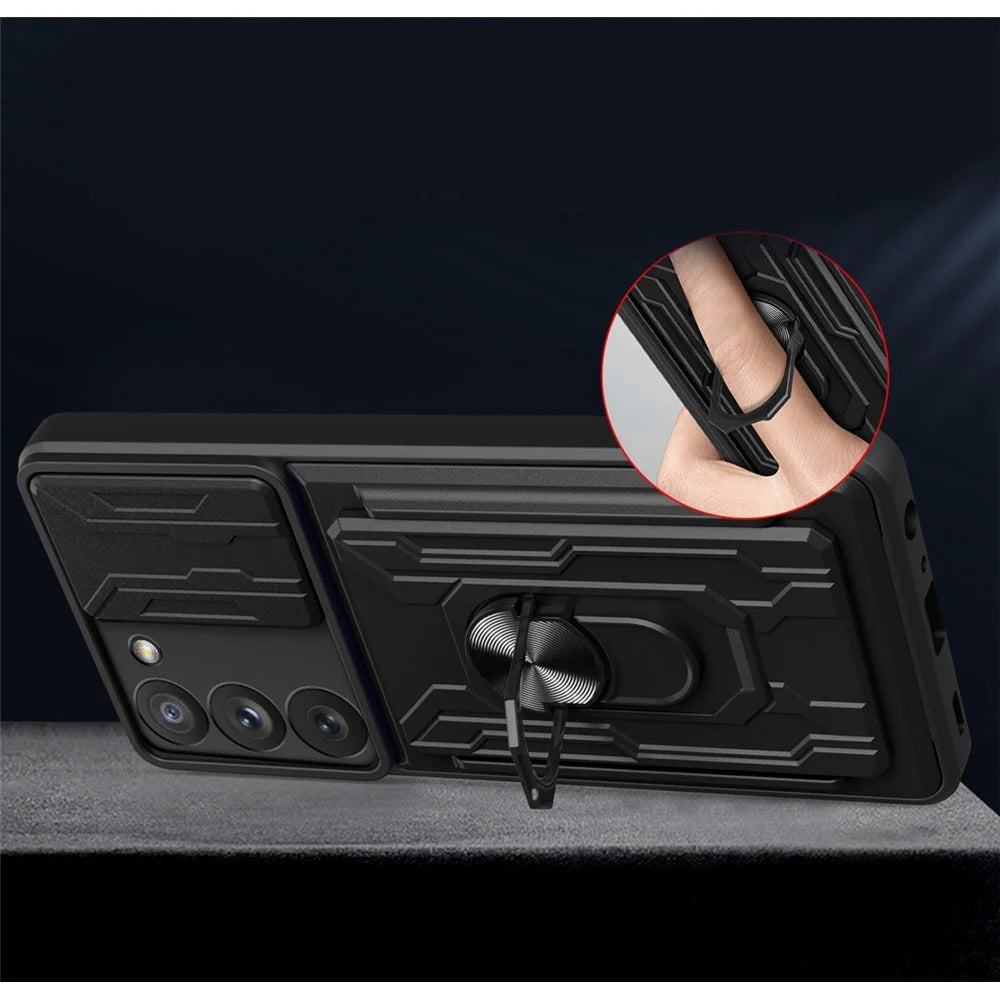For Samsung Galaxy S23 Card Holder Magnetic Ring Kickstand Phone Case PC + TPU Hybrid Phone Protector with Slide Camera Cover - Rose Gold - 4