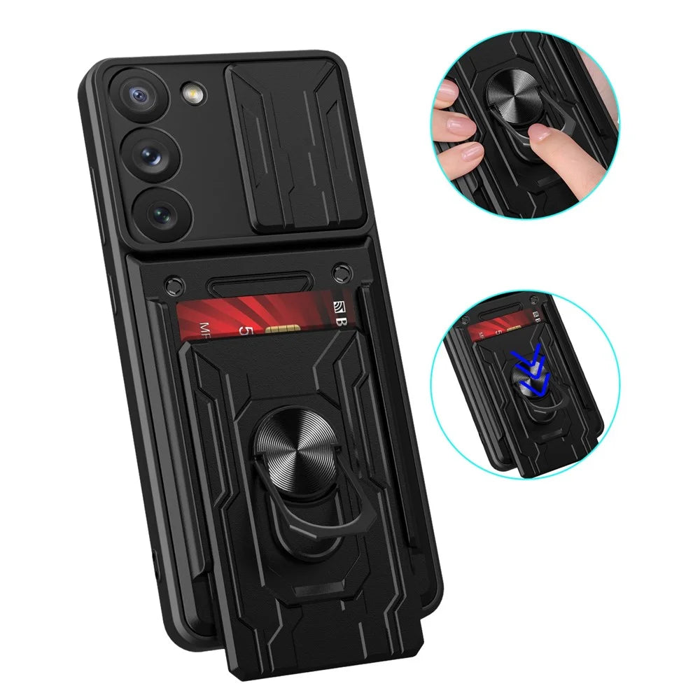 For Samsung Galaxy S23 Card Holder Magnetic Ring Kickstand Phone Case PC + TPU Hybrid Phone Protector with Slide Camera Cover - Rose Gold - 5
