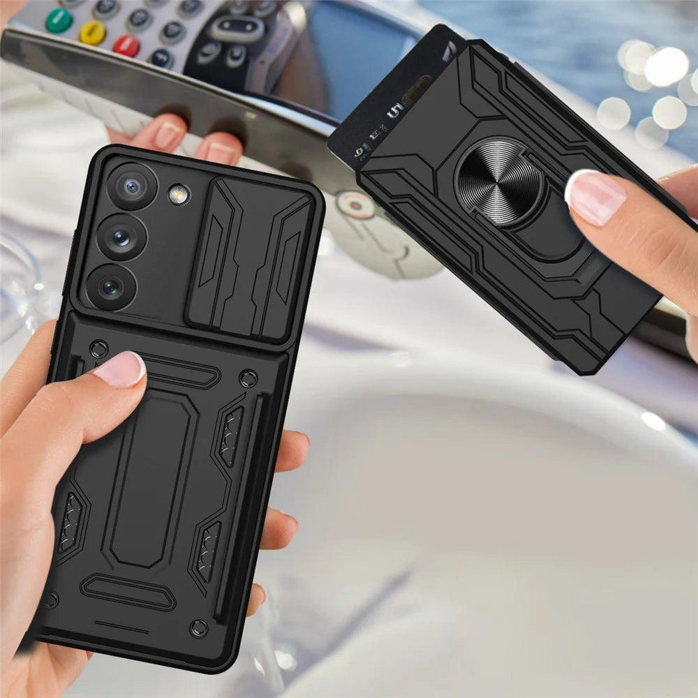 For Samsung Galaxy S23 Card Holder Magnetic Ring Kickstand Phone Case PC + TPU Hybrid Phone Protector with Slide Camera Cover - Rose Gold - 6