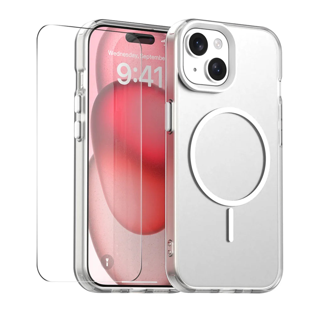 ENKAY HAT PRINCE For iPhone 15 Plus Case with 9H Tempered Glass   PC TPU Phone Cover Compatible with MagSafe - White - 1
