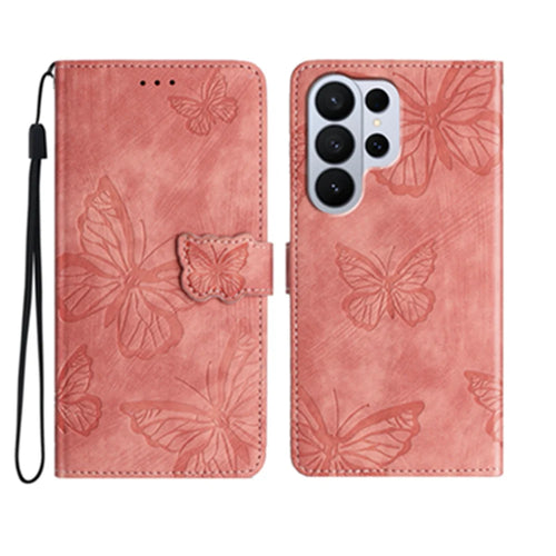 For Samsung Galaxy S26 Ultra Case Butterfly Design Flip Wallet Leather Phone Cover Skin-Touch - Pink - 1