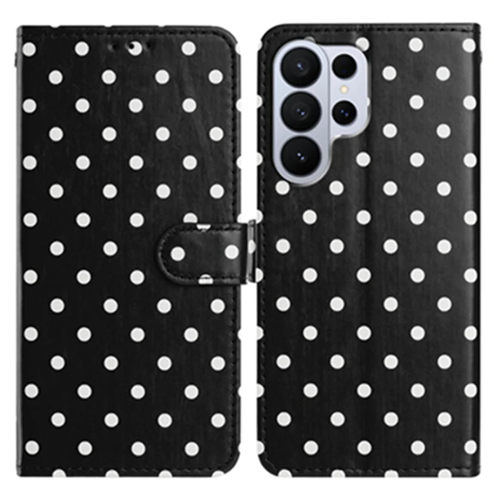 For Samsung Galaxy S26 Ultra Leather Case Polka Dot Pattern Wallet Stand Folio Phone Cover - Black - 1