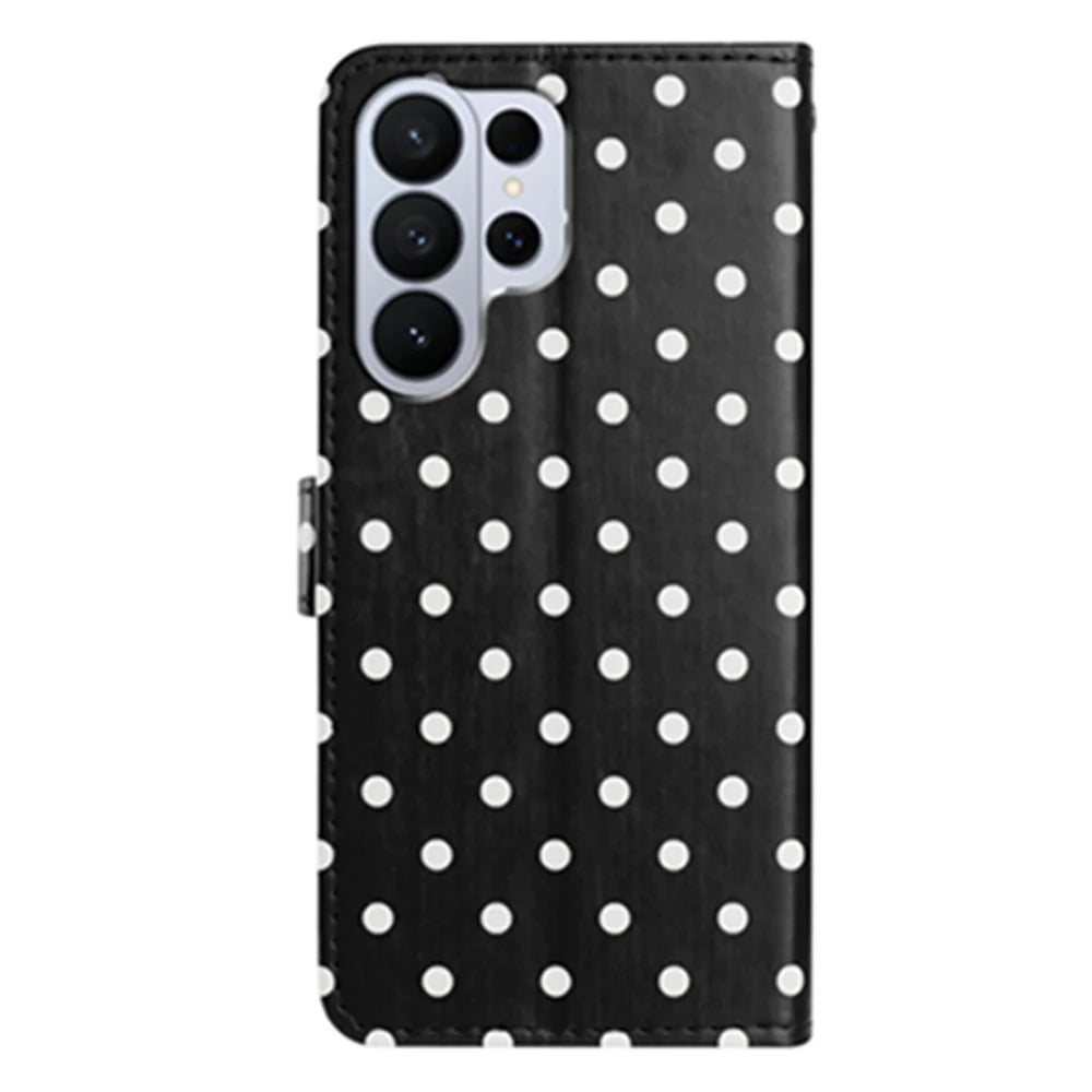 For Samsung Galaxy S26 Ultra Leather Case Polka Dot Pattern Wallet Stand Folio Phone Cover - Black - 2