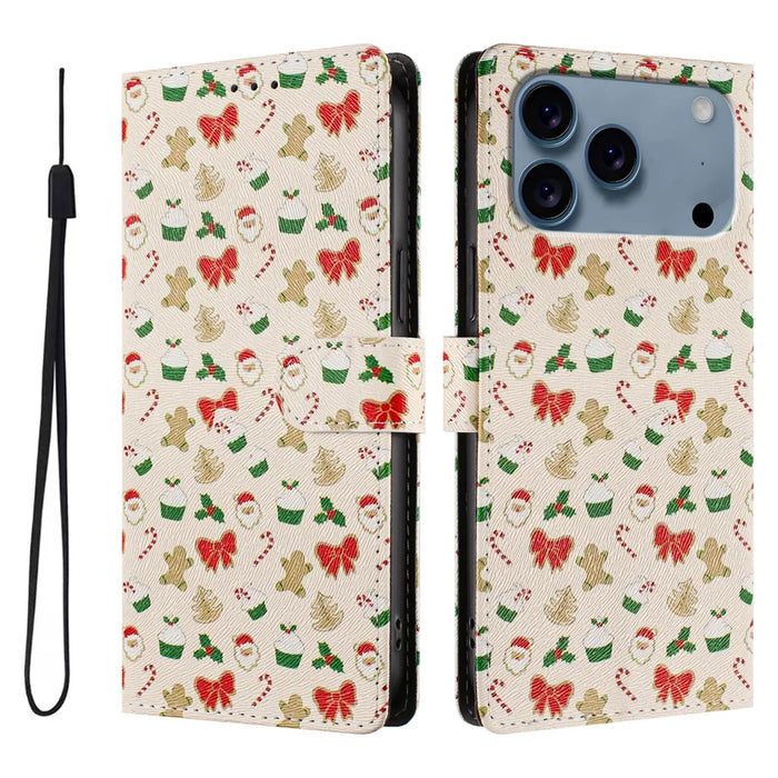 For iPhone 18 Pro / 17 Pro Case Christmas Themed Pattern Printing PU Leather Wallet Phone Cover with Wrist Strap - Santa Claus - 1