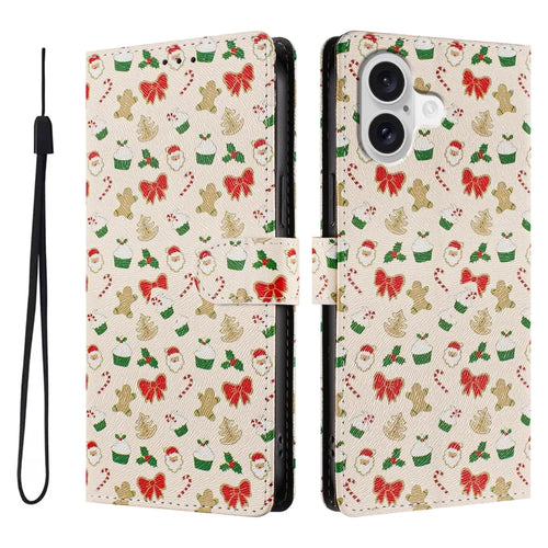 For iPhone 17 Case Christmas Themed Pattern Printing PU Leather Wallet Phone Cover with Wrist Strap - Santa Claus - 1