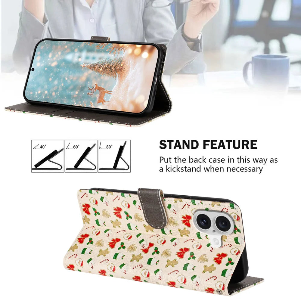 For iPhone 17 Case Christmas Themed Pattern Printing PU Leather Wallet Phone Cover with Wrist Strap - Santa Claus - 2