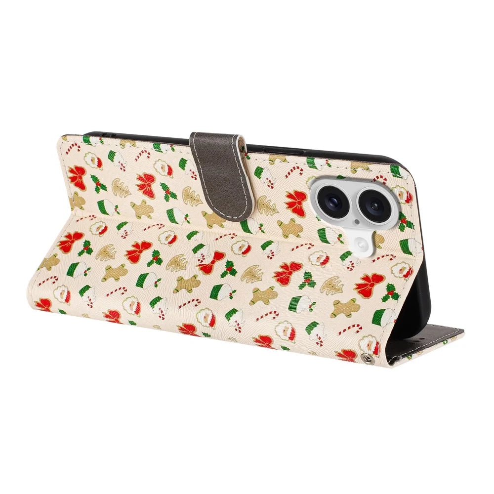 For iPhone 17 Case Christmas Themed Pattern Printing PU Leather Wallet Phone Cover with Wrist Strap - Santa Claus - 5