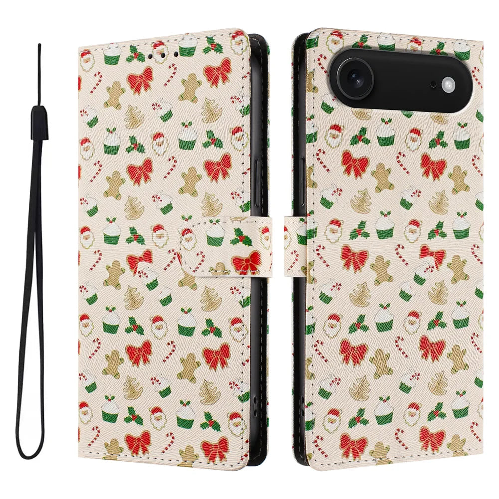 For iPhone Air Case Christmas Themed Pattern Printing PU Leather Wallet Phone Cover with Wrist Strap - Santa Claus - 1