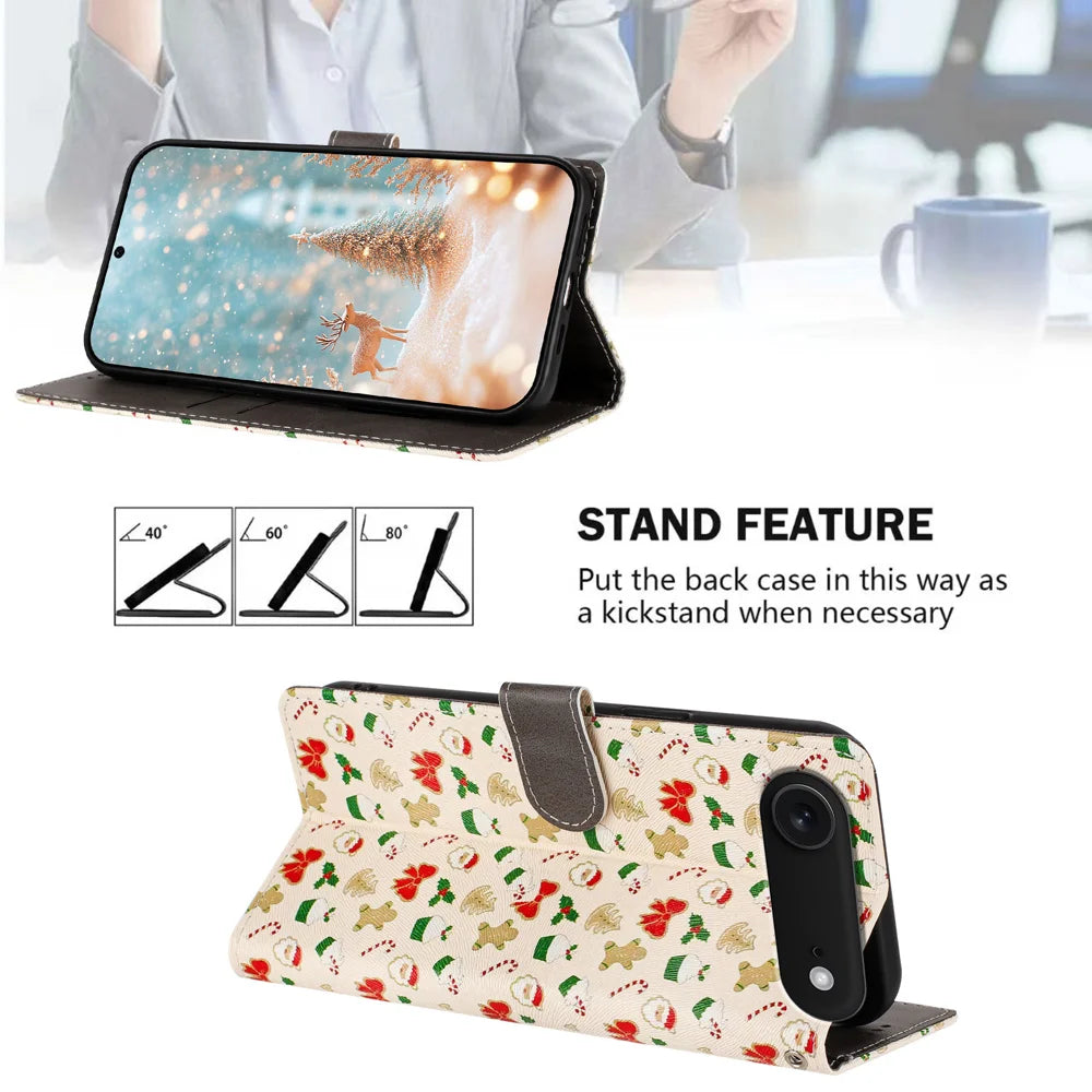 For iPhone Air Case Christmas Themed Pattern Printing PU Leather Wallet Phone Cover with Wrist Strap - Santa Claus - 5