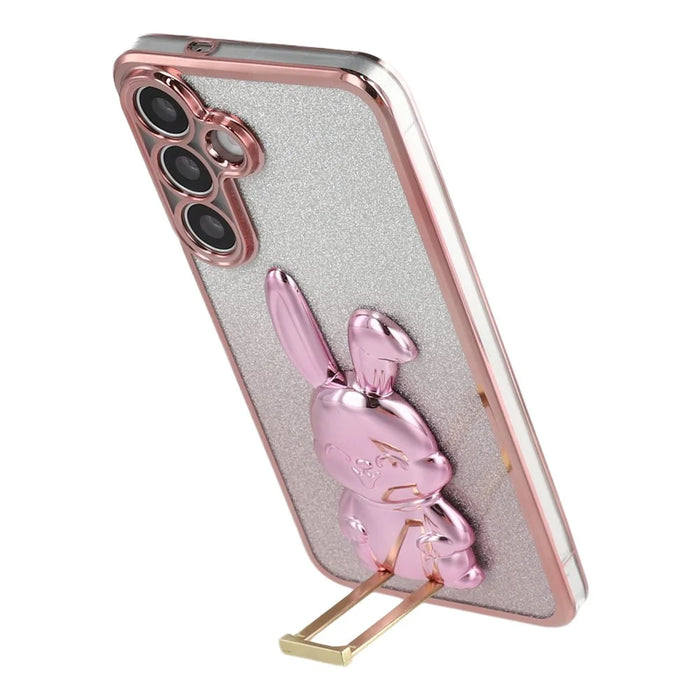 For Samsung Galaxy A16 4G / 5G Case Electroplating Glitter Rabbit PC + TPU Phone Cover with Kickstand - Pink - 4