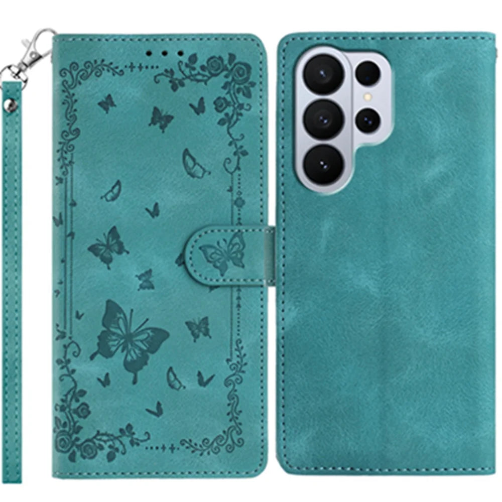 For Samsung Galaxy S26 Ultra Case Garden Imprinted PU Leather Wallet Phone Cover with Wrist Strap - Green - 1