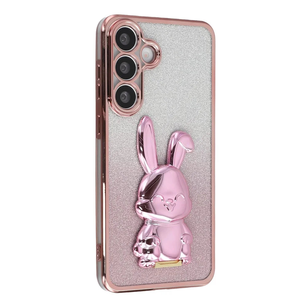 For Samsung Galaxy S25+ Case Electroplating Glitter Rabbit PC + TPU Phone Cover with Kickstand - Pink - 1