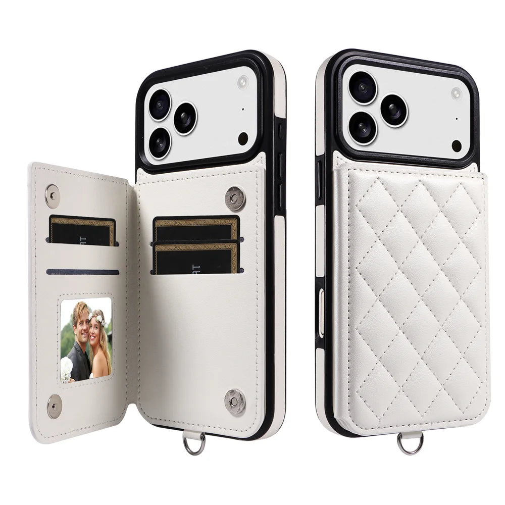For iPhone 18 Pro Max / 17 Pro Max Case Card Bag Kickstand Leather Coated TPU Phone Cover with Wrist Strap - White - 1