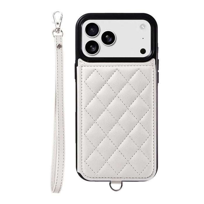 For iPhone 18 Pro Max / 17 Pro Max Case Card Bag Kickstand Leather Coated TPU Phone Cover with Wrist Strap - White - 2