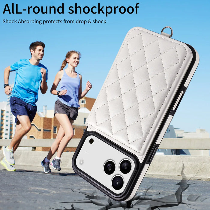 For iPhone 18 Pro Max / 17 Pro Max Case Card Bag Kickstand Leather Coated TPU Phone Cover with Wrist Strap - White - 4