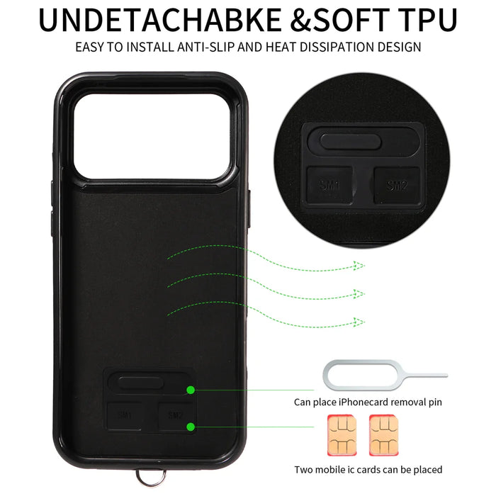 For iPhone 18 Pro Max / 17 Pro Max Case Card Bag Kickstand Leather Coated TPU Phone Cover with Wrist Strap - White - 5