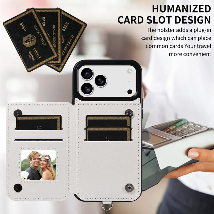 For iPhone 18 Pro Max / 17 Pro Max Case Card Bag Kickstand Leather Coated TPU Phone Cover with Wrist Strap - White - 6