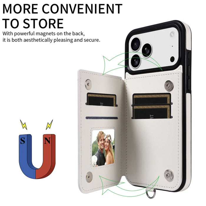 For iPhone 18 Pro Max / 17 Pro Max Case Card Bag Kickstand Leather Coated TPU Phone Cover with Wrist Strap - White - 7