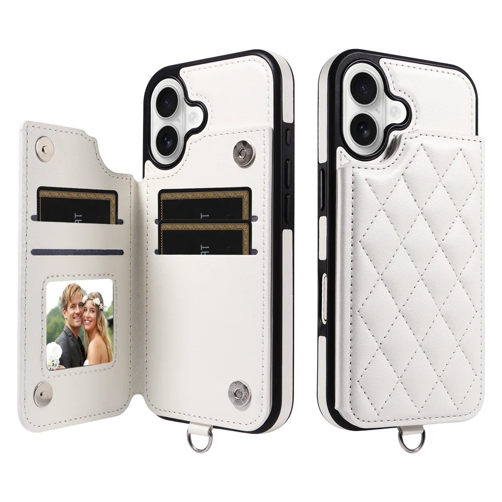 For iPhone 17 Case Card Bag Kickstand Leather Coated TPU Phone Cover with Wrist Strap - White - 1