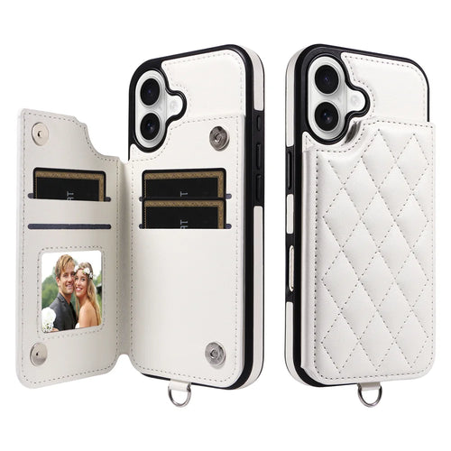 For iPhone 17 Case Card Bag Kickstand Leather Coated TPU Phone Cover with Wrist Strap - White - 1