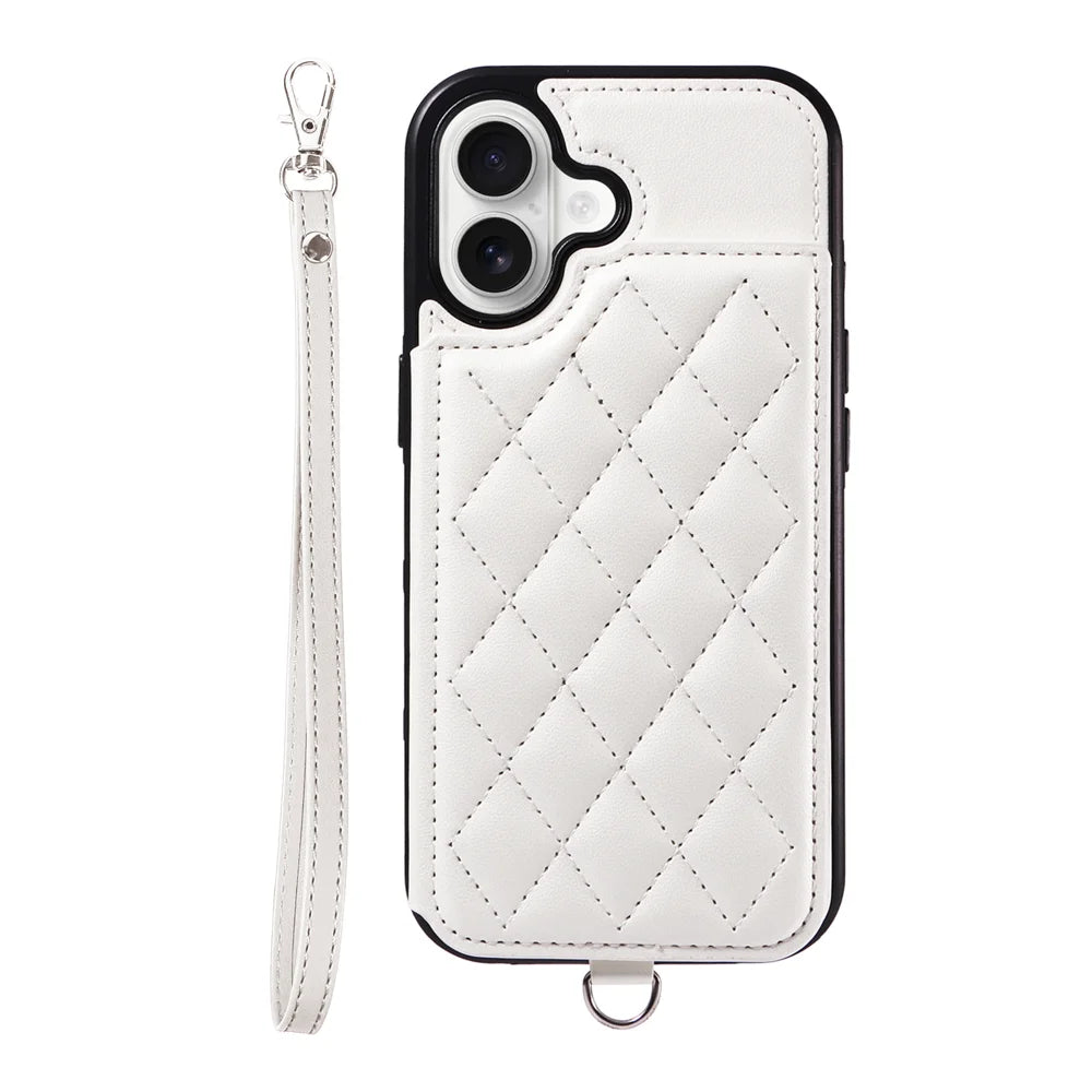 For iPhone 17 Case Card Bag Kickstand Leather Coated TPU Phone Cover with Wrist Strap - White - 2