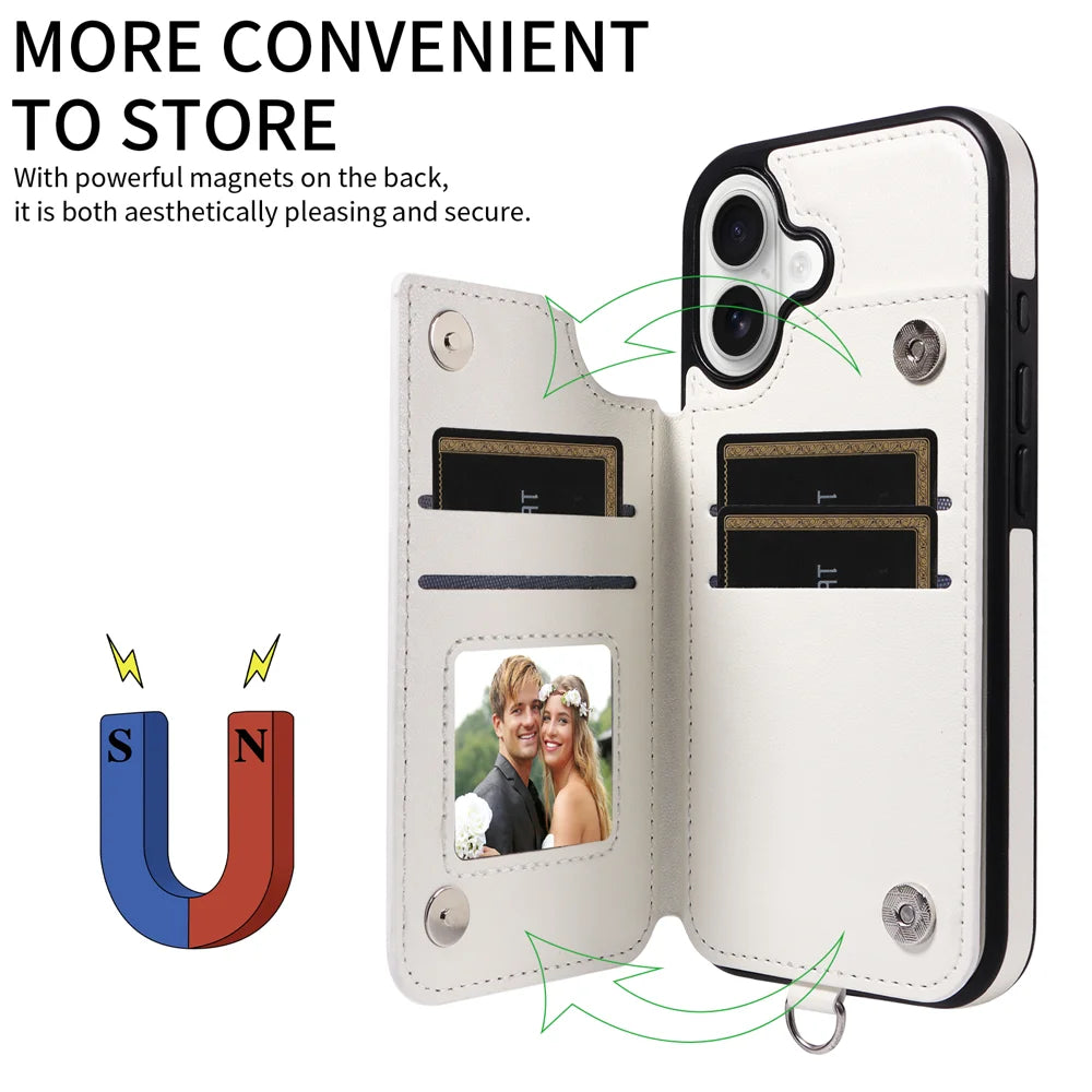For iPhone 17 Case Card Bag Kickstand Leather Coated TPU Phone Cover with Wrist Strap - White - 4