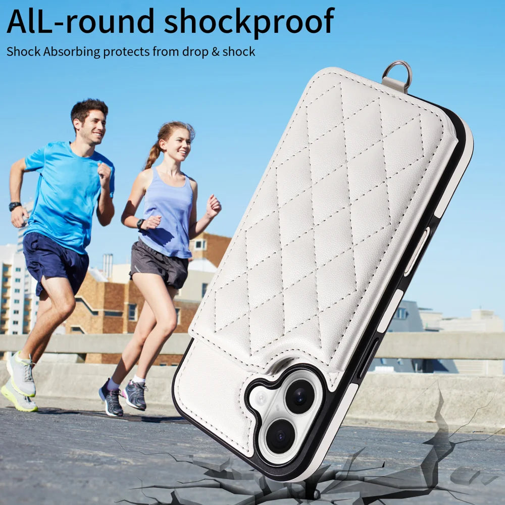 For iPhone 17 Case Card Bag Kickstand Leather Coated TPU Phone Cover with Wrist Strap - White - 5