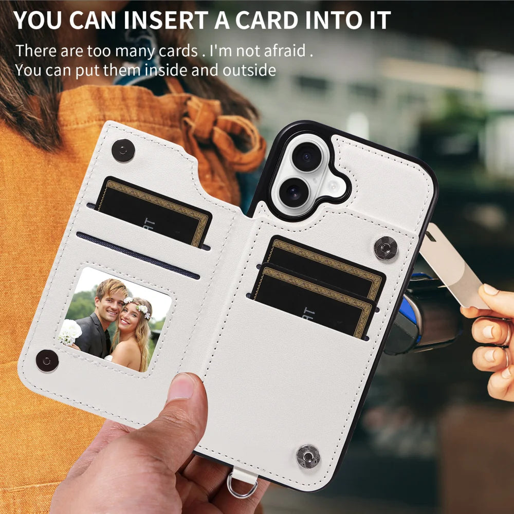 For iPhone 17 Case Card Bag Kickstand Leather Coated TPU Phone Cover with Wrist Strap - White - 6