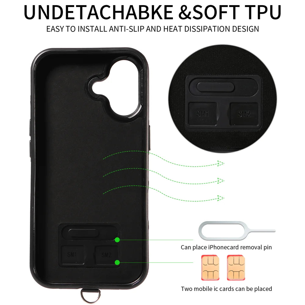 For iPhone 17 Case Card Bag Kickstand Leather Coated TPU Phone Cover with Wrist Strap - White - 7