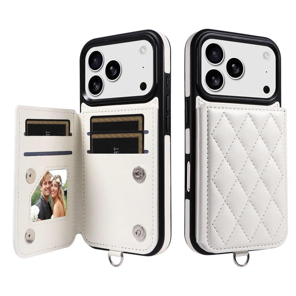 For iPhone 18 Pro / 17 Pro Case Card Bag Kickstand Leather Coated TPU Phone Cover with Wrist Strap - White - 1