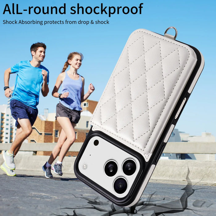 For iPhone 18 Pro / 17 Pro Case Card Bag Kickstand Leather Coated TPU Phone Cover with Wrist Strap - White - 5