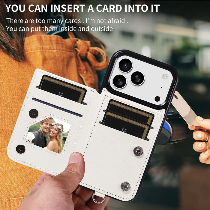 For iPhone 18 Pro / 17 Pro Case Card Bag Kickstand Leather Coated TPU Phone Cover with Wrist Strap - White - 6