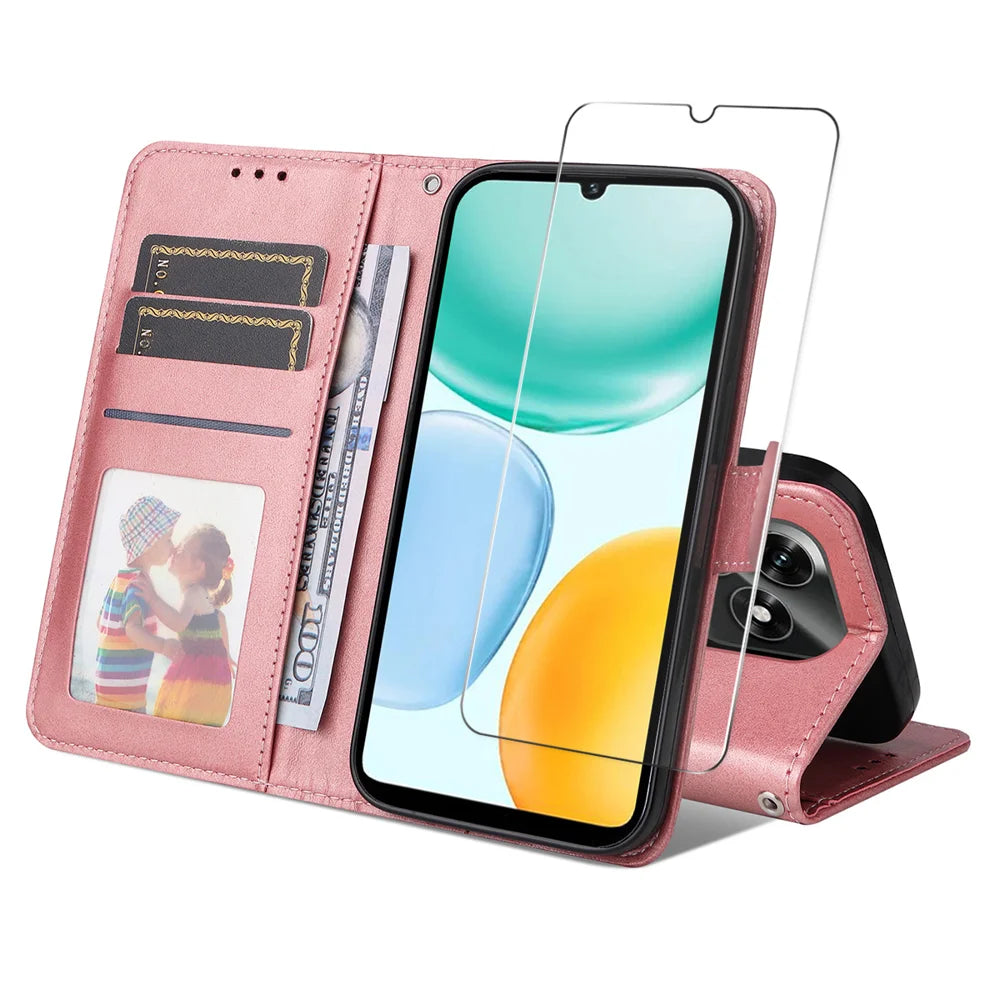 ENKAY HAT PRINCE For Honor X5c Plus 4G PU Leather Wallet Case   Phone Stand Cover with Tempered Glass - Pink - 1