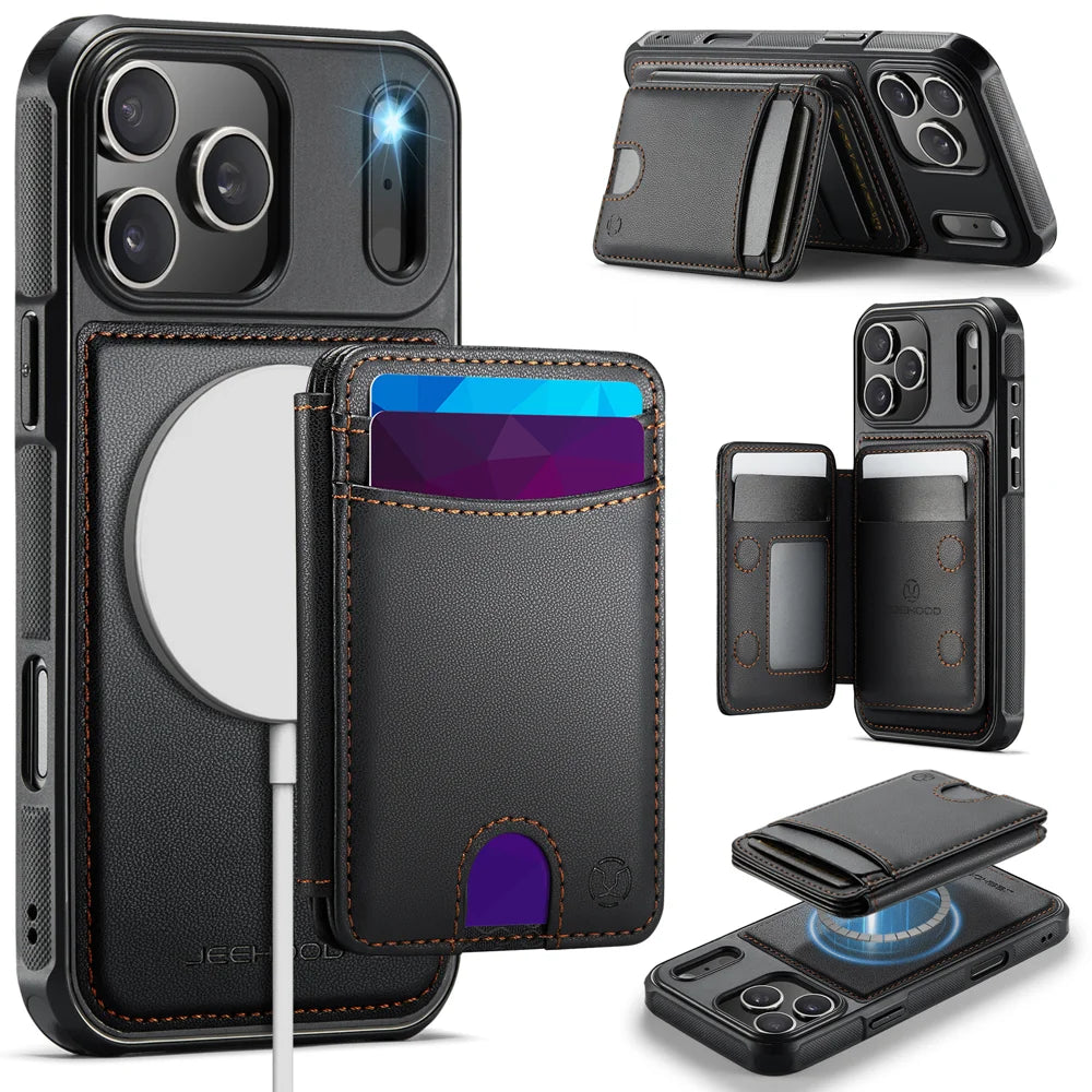 JEEHOOD J10 For iPhone 17 Pro Case with Detachable Card Holder Kickstand Compatible with MagSafe Leather Back Phone Cover - Black - 1