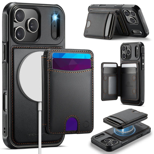JEEHOOD J10 For iPhone 17 Pro Case with Detachable Card Holder Kickstand Compatible with MagSafe Leather Back Phone Cover - Black - 1
