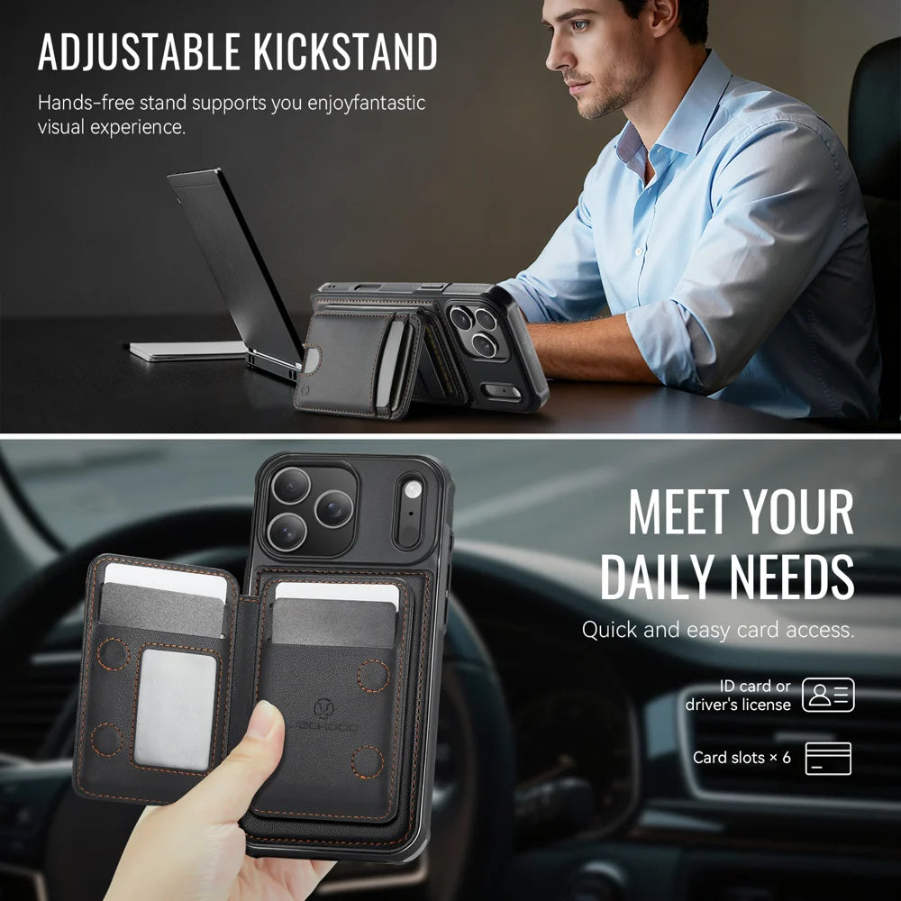JEEHOOD J10 For iPhone 17 Pro Case with Detachable Card Holder Kickstand Compatible with MagSafe Leather Back Phone Cover - Black - 4