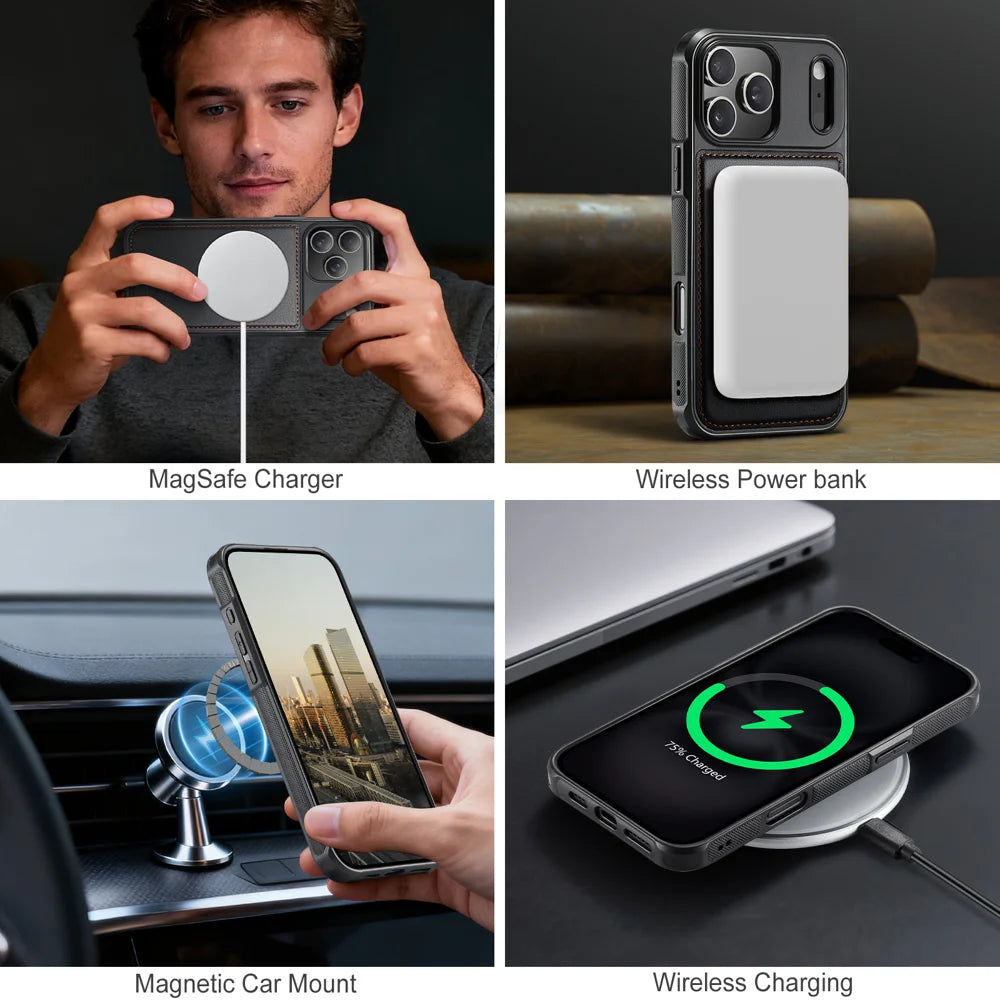 JEEHOOD J10 For iPhone 17 Pro Case with Detachable Card Holder Kickstand Compatible with MagSafe Leather Back Phone Cover - Black - 7
