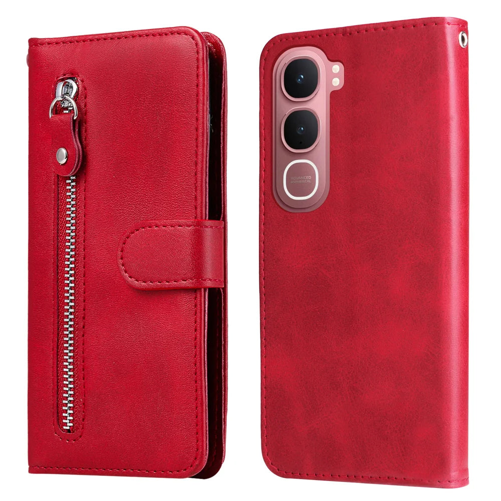 For vivo Y21d / vivo Y31 5G PU Leather Cases with Zipper Pocket Wallet Phone Cover Stand - Red - 1