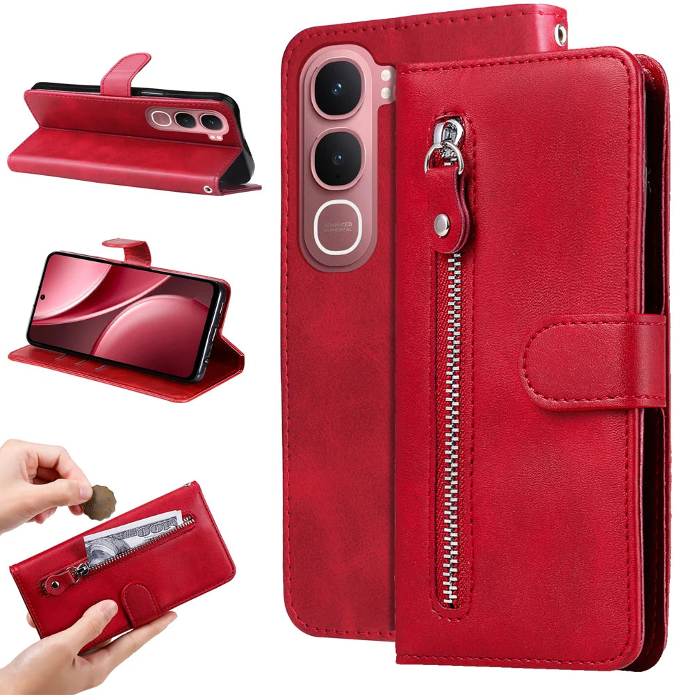 For vivo Y21d / vivo Y31 5G PU Leather Cases with Zipper Pocket Wallet Phone Cover Stand - Red - 2