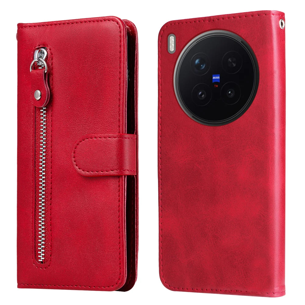 For vivo X300 Pro 5G PU Leather Cases with Zipper Pocket Wallet Phone Cover Stand - Red - 1