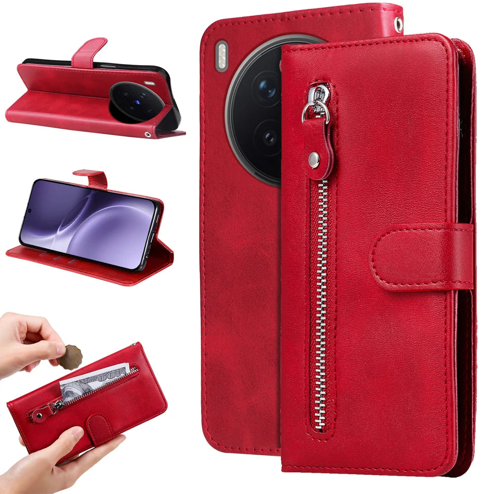 For vivo X300 Pro 5G PU Leather Cases with Zipper Pocket Wallet Phone Cover Stand - Red - 2