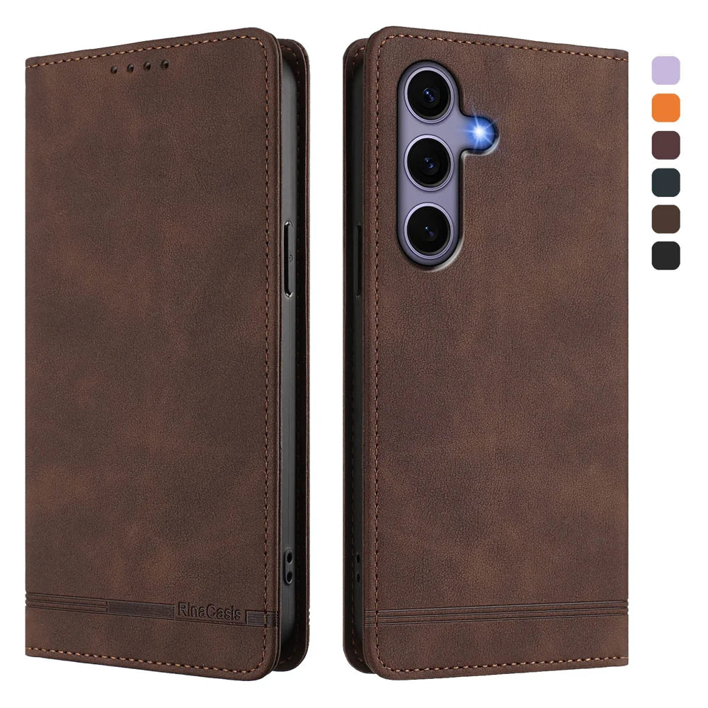 For Samsung Galaxy S24 / Galaxy S25 Case RINACASIS RC23 RFID Blocking Wallet Stand PU Leather Phone Cover - Brown - 1
