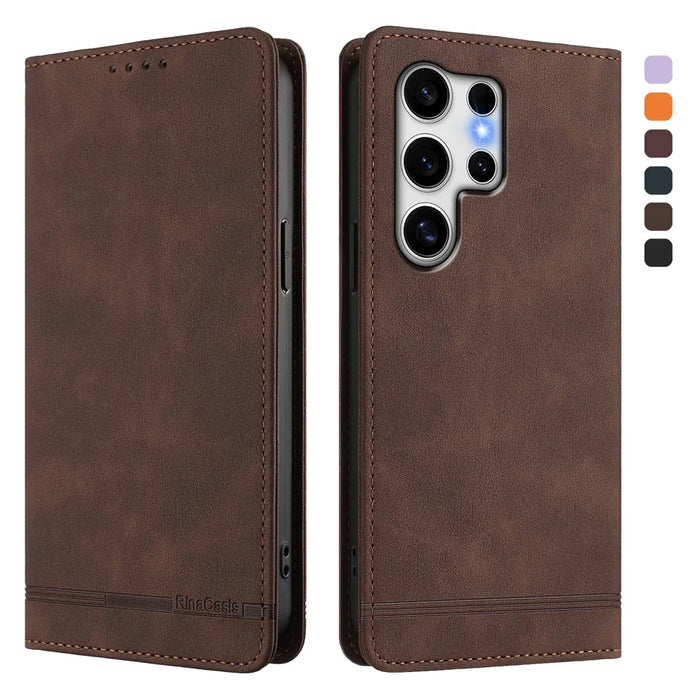 For Samsung Galaxy S25 Ultra Case RINACASIS RC23 RFID Blocking Wallet Stand PU Leather Phone Cover - Brown - 1