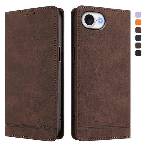 For iPhone 17e / 16e Case RINACASIS RC23 RFID Blocking Wallet Stand PU Leather Phone Cover - Brown - 1